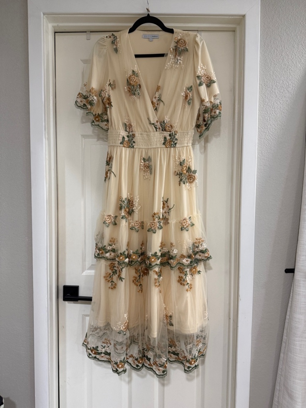 Baltic Born Cream Midi Dress with Green and Gold Floral Embroidery